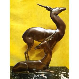 Double-sided Sculpture Stylized Antelope Couple Bronze Patina Medal Gilded Art Deco 1930