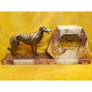 3 Piece Greyhound And Art Deco Marble Dial Fireplace Set 1930s With Pendants
