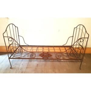 Small Folding Wrought Iron Bed That Can Be Used As A Bench In Art Nouveau Style