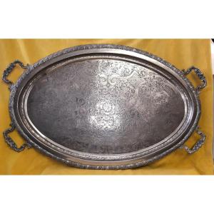 Very Large Oval Silver Serving Tray, Hammered Ornamentation, Artisanal St Lxv 19/20th