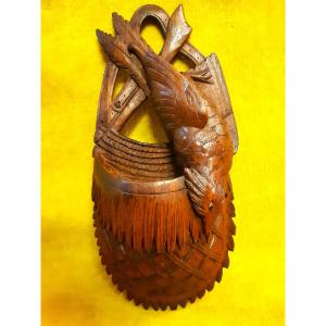 Hunting Game Bag With Bird, Wooden Pocket, Fine Black Forest Sculpture 19/20th Century