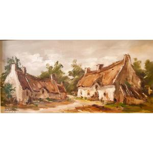 Large Oil On Canvas Breton Farms Thatched Cottages By Etienne Bellan (1922-2000)