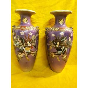 Imperial Japan Meiji Pair Of Large Vases (47 Cm) Purple Background Samurai Combat Decor 19th