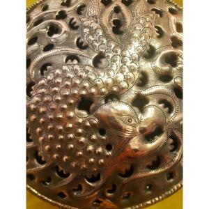 18th Century Red Copper Basin With Openwork And Hammered Design, Decorated With A Mythological Animal Spitting Flames 