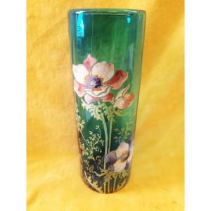   Legras Montjoie St Denis Blown Tube Vase Turquoise Blue Enamel Flowers 1900 Art Nouveau