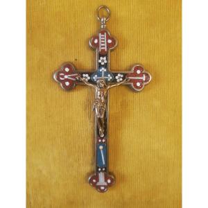 Nickel Plated Metal Christ Cross Pendant With Micro Mosaic Passion Symbols 19th Century 