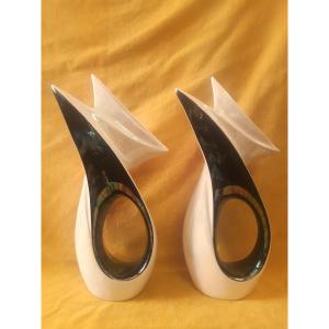 Pair Of Verceram Vases Iridescent Black And Pearly White Vintage 1950/60
