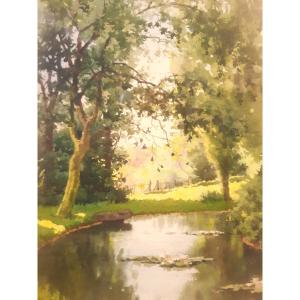 Watercolor "expanse Of Water Under The Trees In Spring" By Antoine Barbier (1859-lyon 1948)