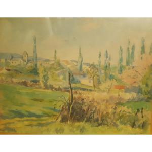 Watercolor Mediterranean Village Jean(louis)plumet Mâconnais Post-impressionist (1871-1939)