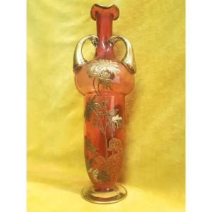 St. Louis Japanese-style Blown Crystal Chrysanthemum Vase, Massenet Model, Gold, Art Nouveau Style, Circa 1900
