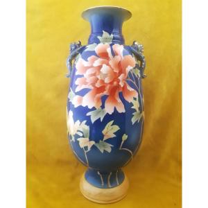 Japan Large Ceramic Vase With Peony Decoration And Dragon Grips, Meiji Era (1868-1912), Art Nouveau, 1900