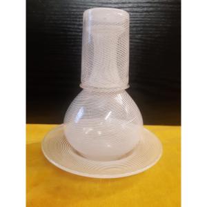 Glass Carafe And Bowl Set, Blown Glass, Decorated With Twisted White Murano Glass Trim, 19th Century