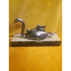 Mother Swan Carrying Her Two Ducks In Polished Metal Art Deco 30 On Marble Style I. Rochard(190