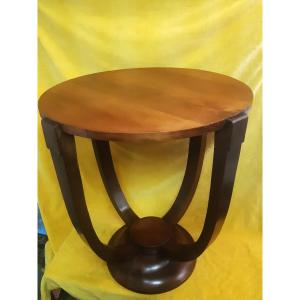 Round Art Deco Side Table, 1930-50, Walnut, 4 Arched Legs On A Round Base