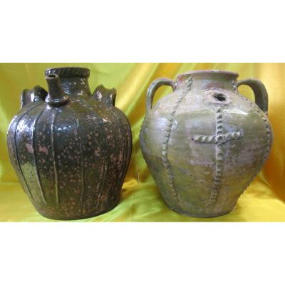 2 Jars Jugs Flagons 18-19th Popular Art Centre France