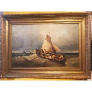 Large Painting Départ De Pêche En Haute Mer Par Mauvais Temps By Colson 19th Century