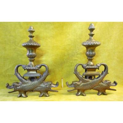 For Andirons Dolphins Style Bronze Lxiv 19th