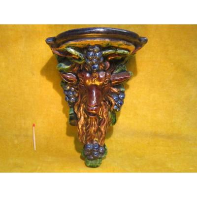Faience Console Barbotine Bouc And Vine, Sarreguemines ? 19th