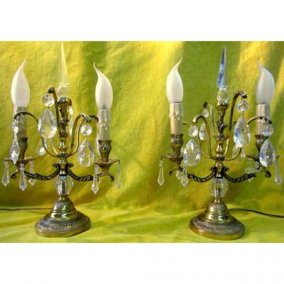 Pair Girandoles Gilt Bronze And Cut Crystal