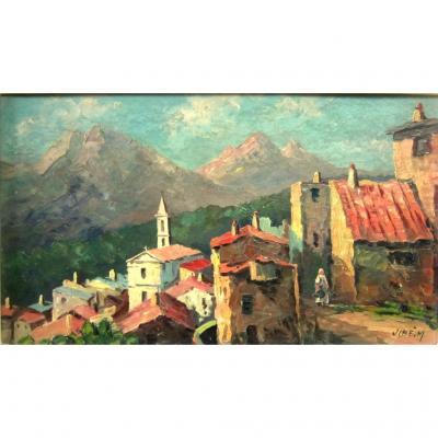 Village Corsican Oil Framed Desannées 1950-60