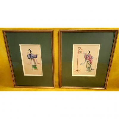 2 Paintings Gouaches Rice Paper School Canton 19th French Concession China Imperial Qing