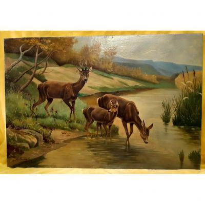 Grand Tableau Peinture à l'Huile Famille De Chevreuil De Charles Surville 1946