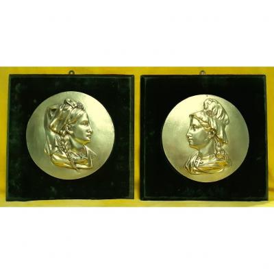 Pair Of Large Medallion Plaque Alsace And Lorraine Gilt Bronze After The Annexation Of 1871