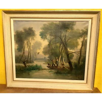 The Duck Hunting In A Boat Painted By The Painter Valmont Early 20th