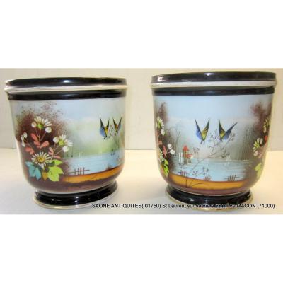 Real Pair Of Cache-pots (symmetry Of The Patterns) Napoleon III Paris Porcelain 19th