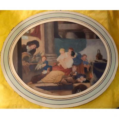 Print Engraving Litho Maternity Love Mother Children St J.b Huet 18th