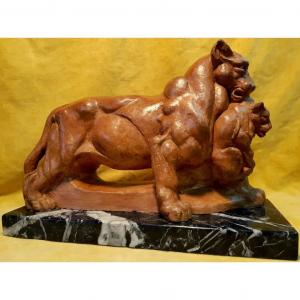 Terracotta Sculpture Lioness Carrying Her Lion Cub Art Deco 1930 On Marble Base
