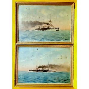 Pair Of Oil On Canvas French Steam War Boats 1914-18 By B.rebours