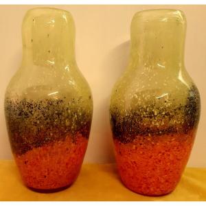 Pairs Large Vintage Volcanic Eruption Color Blown Murano Baluster Vases