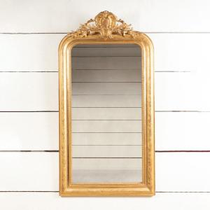 19th Century French Gilded Wood Mirror With Small Pediment H. 137 Cm