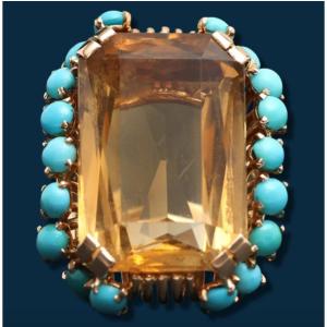 Vintage Ring 1940s Yellow Gold, Citrine And Turquoises Burning Passion