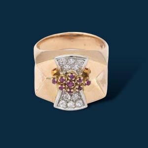 Vintage Yellow Gold, Ruby And Diamond Asteroid Ring
