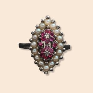 White Gold, Ruby And Delicate Marquise Pearl Ring