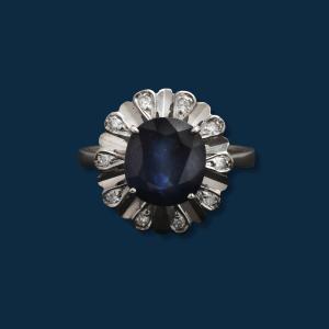 White Gold Ring, Sapphire And Precious Petticoat Diamonds