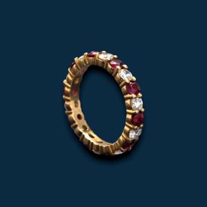 Yellow Gold, Ruby And Grenadine Diamond Wedding Band