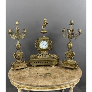 Exceptional Bronze Fireplace Trim Clock And Candelabras Early 20th Century