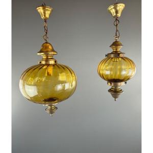 Pair Of Vintage Amber Blown Glass Lantern Pendant Lights, 20th Century