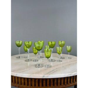 Antique Baccarat Green Crystal Glassware Set, 20th Century 