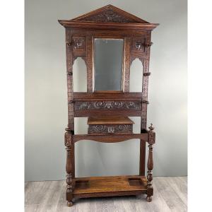 Carved Oak Coat Rack, Neo-gothic Style, 19th Century