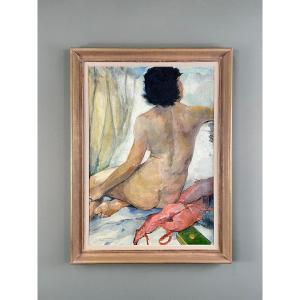 Seated Nude Painting, Oil On Canvas Signed, 1938, 20th Century