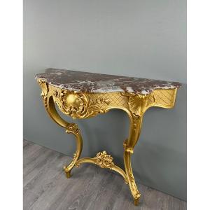 Louis XV Style Wall Console In Gilded Wood And Marble, 19th Century