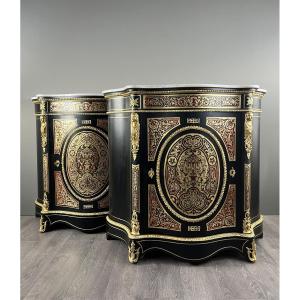 Pair Of Boulle Marquetry Furniture Cabinets, Napoleon III Period