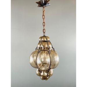 Amber Blown Glass Hanging Lantern, Italian Work, 20th Century