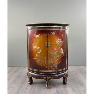 Asian Lacquered Corner Cabinet With Floral And Bird Decor, 20th Century