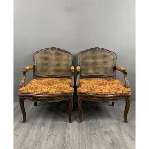 Pair Of Louis XV Carved Wood Fluted Armchairs, Late 19th Century