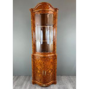 Corner Display Case In Marquetry, 20th Century